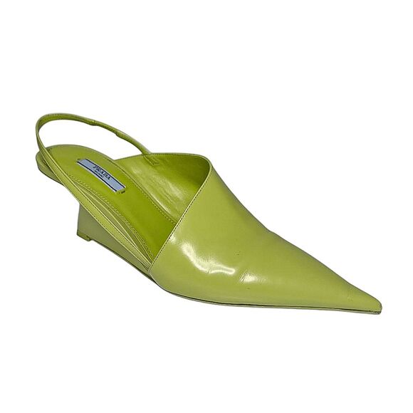 Prada Shoes - Prada Brushed Leather Pointed Toe Triangle Logo Wedge Pumps EU 40 US 10 Green